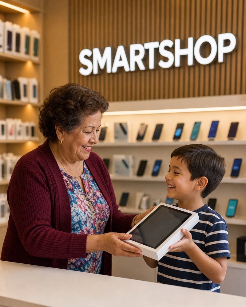 Abuela entregando una tablet a su nieto en una tienda Smart Shop
