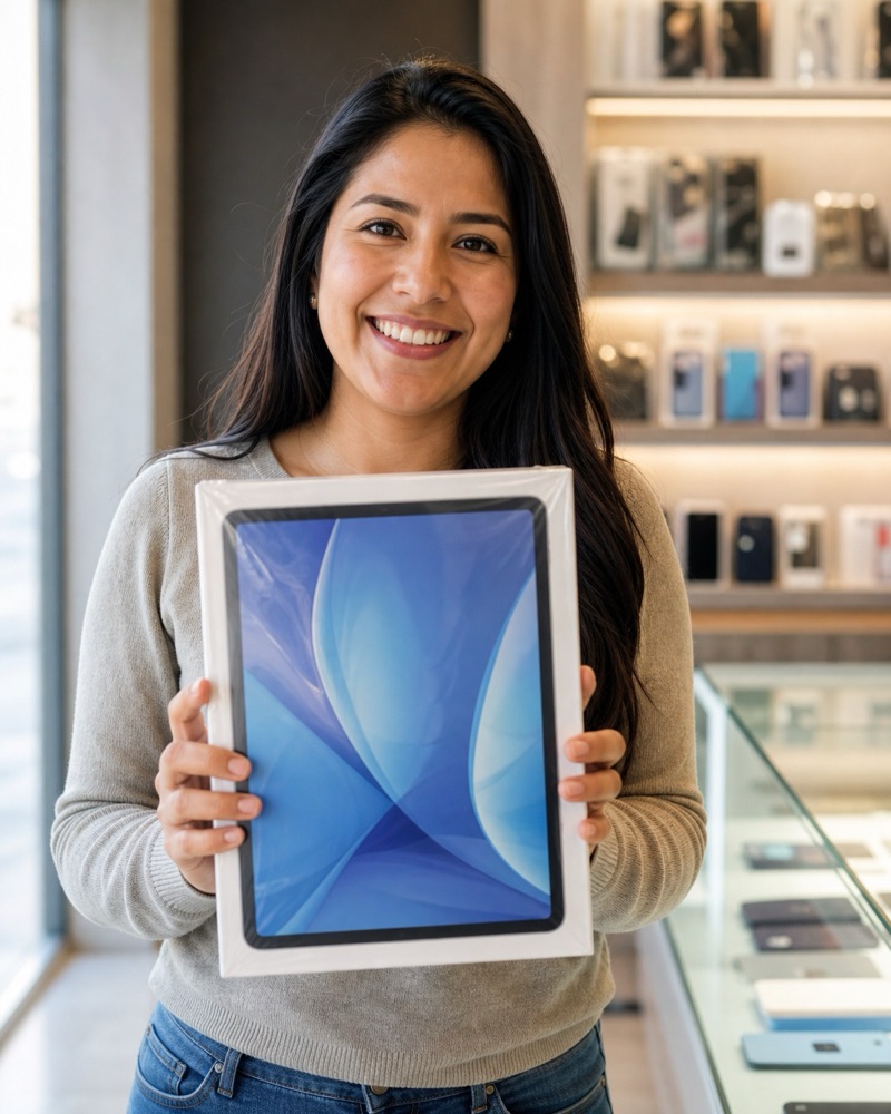 Clienta sonriendo con su tablet nueva en la tienda