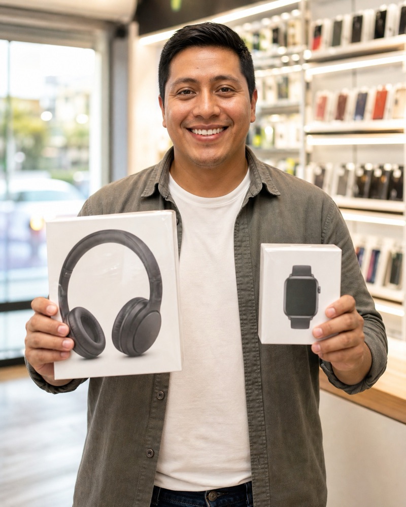 Cliente sonriendo con sus audífonos y su reloj inteligente recién comprados