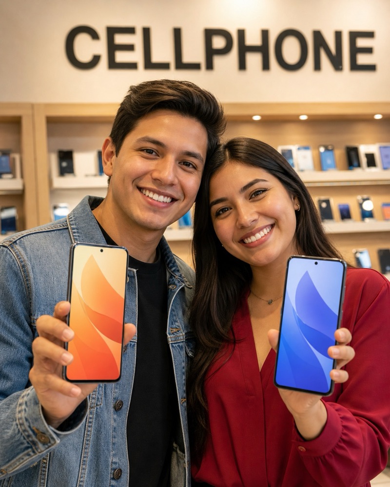 Pareja sonriendo con sus celulares nuevos en una tienda Cellphone