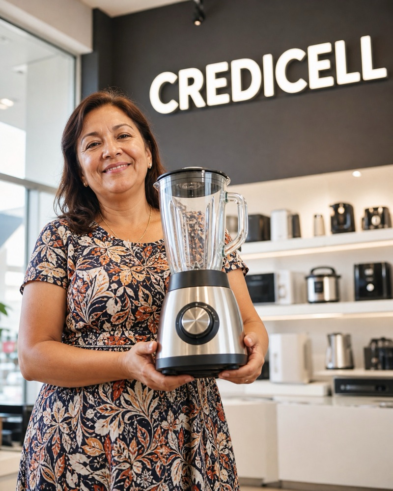 Señora sonriendo con su licuadora nueva en una tienda Credicell